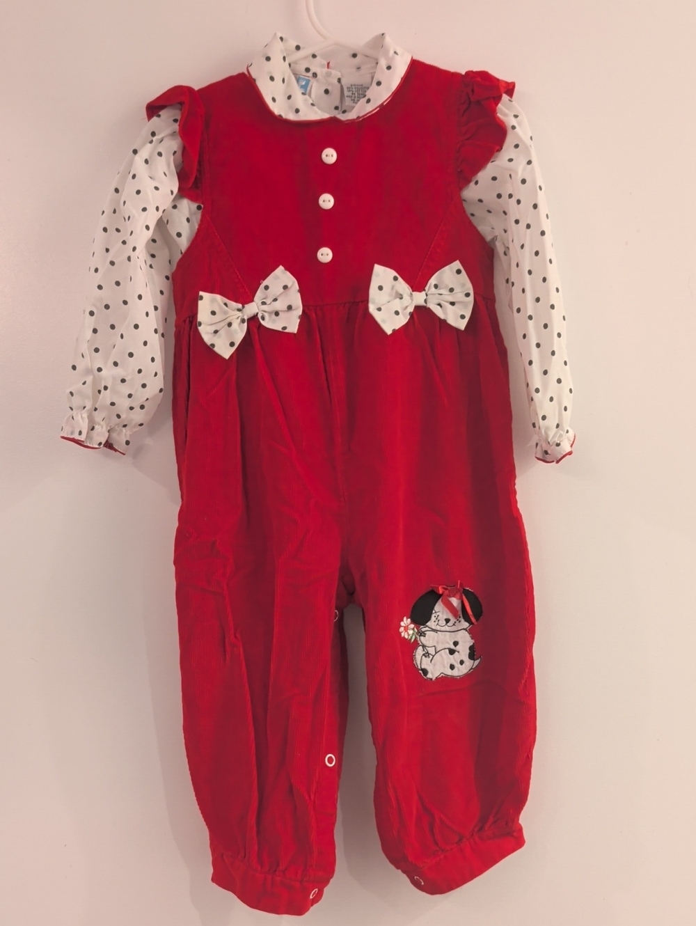 Vintage Small Steps Red Corduroy And Polka Dot Puppy Jumper Matching Set